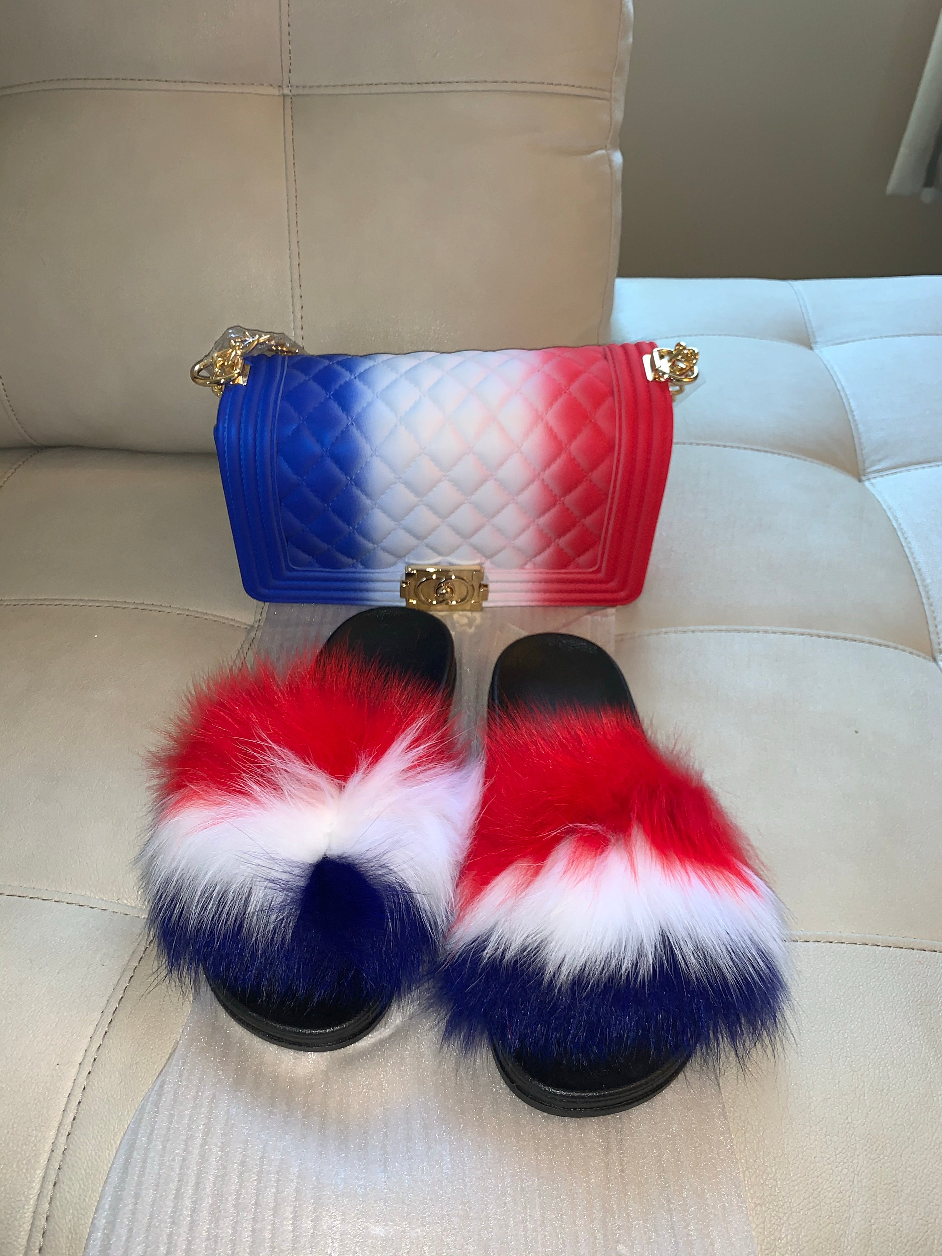 Fur slides with 2025 matching purse cheap